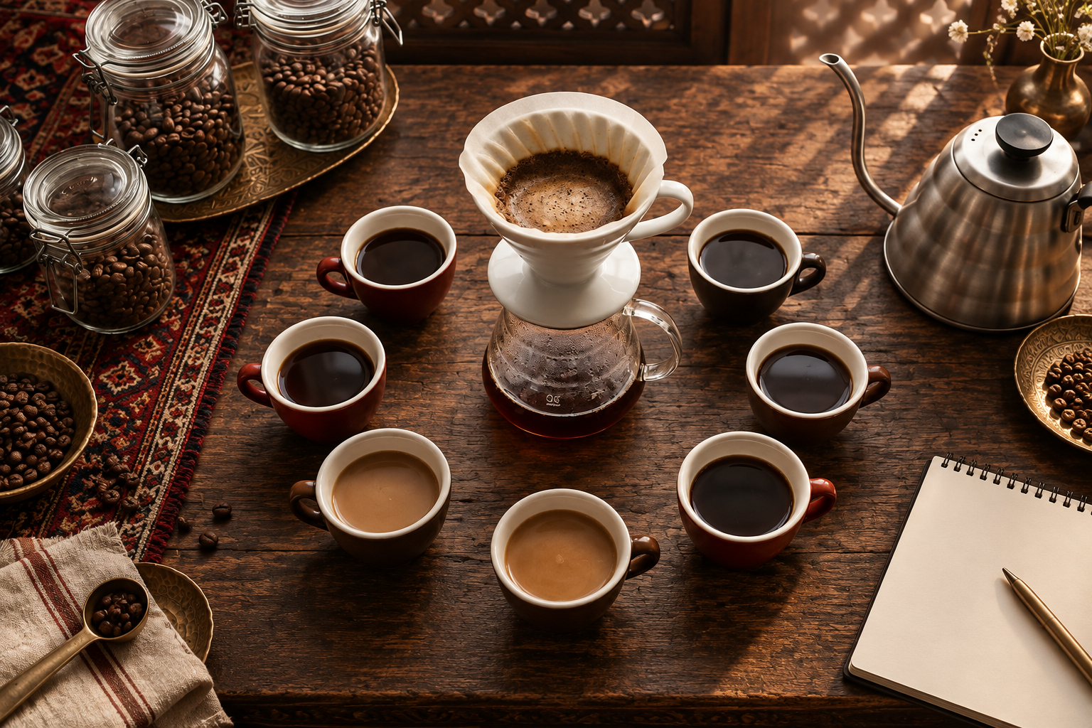 V60 سرامیکی و فنجان‌های قهوه برای مقایسهٔ طعم روی میز چوبی با بافت ایرانی